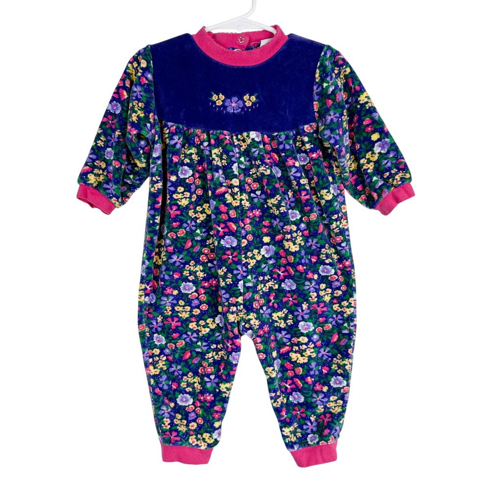 Vtg 90's Velvet Jumpsuit Floral Purple Pink Emma's Garden - 12-18 Months